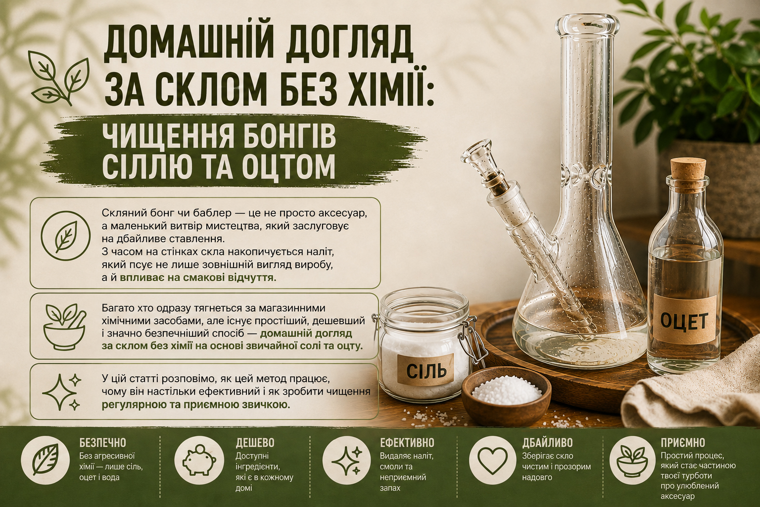 Домашній догляд за склом: чищення бонгів сілью та оцетом Домашній догляд за склом: чищення бонгів сіллю та оцтом