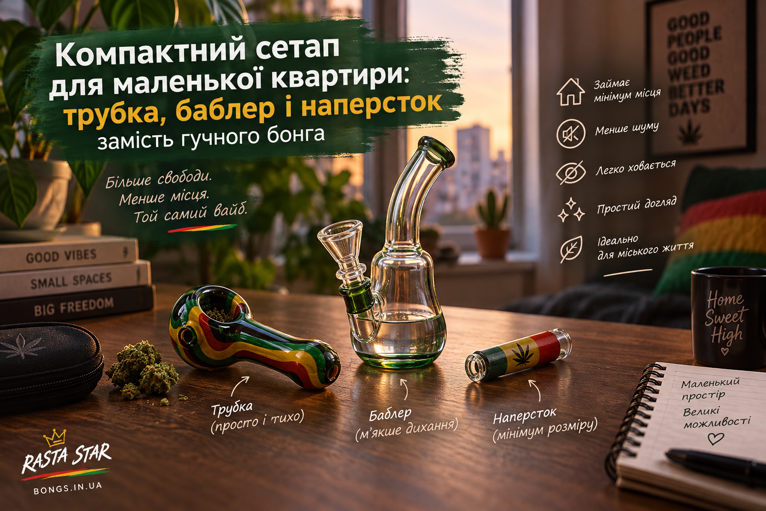 Компактний сетап для куріння: міні-системи для малих квартир Компактний сетап для маленької квартири: трубка, баблер та наперсток замість гучного бонга