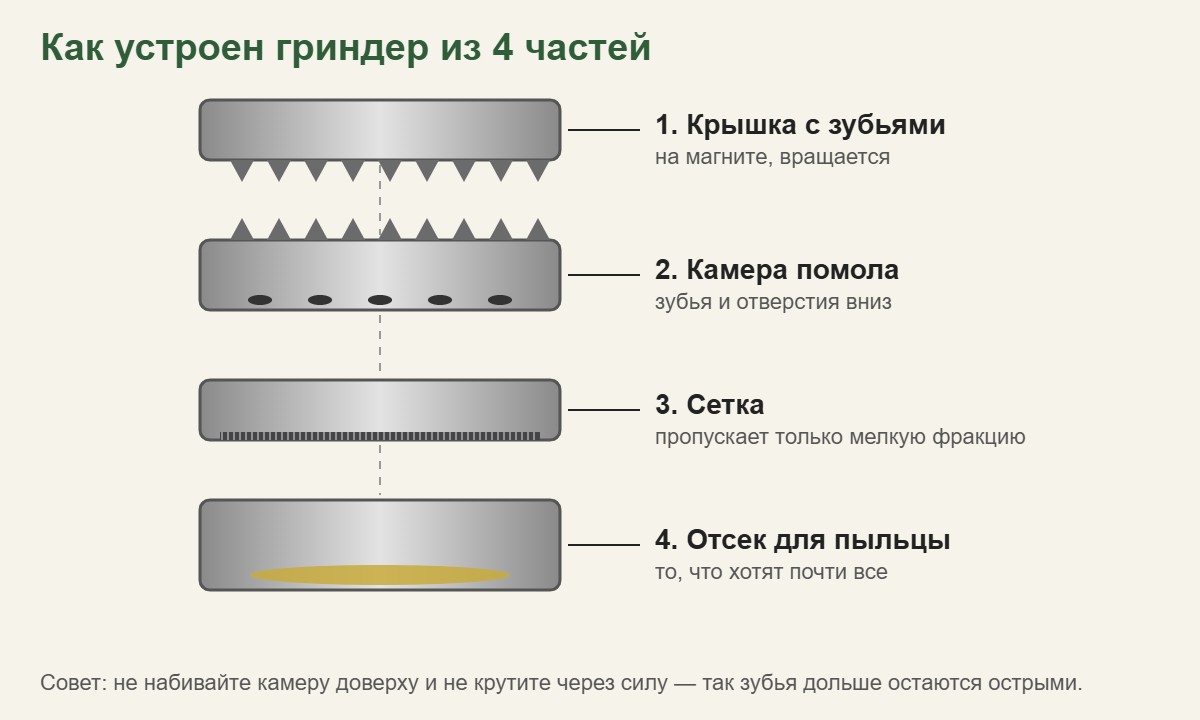Устройство гриндера из 4 частей: крышка с зубьями, камера помола, сетка и отсек для пыльцы